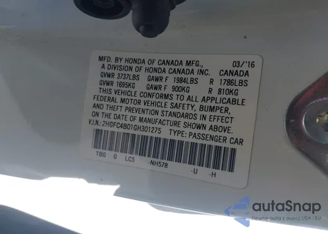 2016 Honda Civic Lx-P из США, поврежденный, VIN 2HGFC4B01GH301275